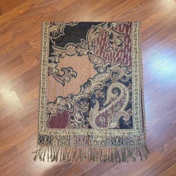 Waverly Paisley Scarf Wrap Shawl 27" X 69" Including Fringe Elegant Gold & Burgu - Picture 11 of 15
